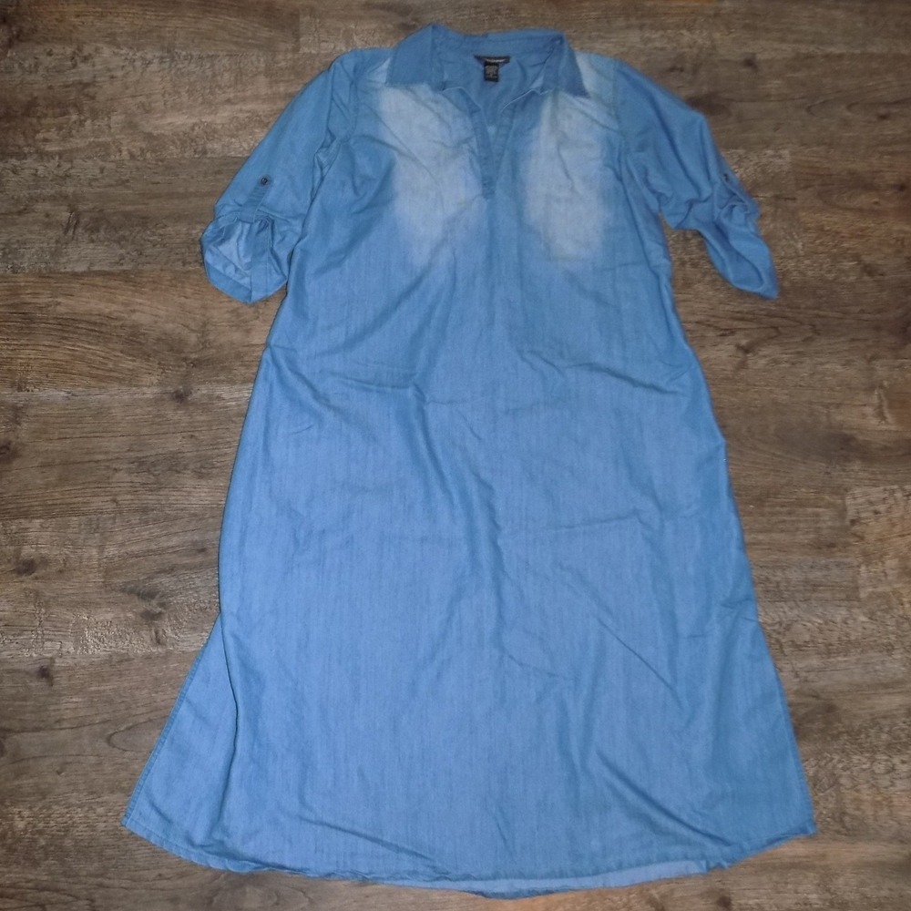 Ashley Stewart Denim Midi‎ Dress Womens 16 Blue Good Roll Tab Sleeve Light Wash